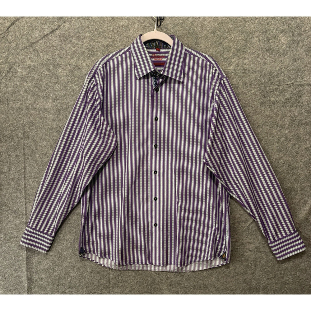 Luchiano Visconti Shirt Mens Sz L Purple Striped Flip‎ Cuff 2 Ply Cotton Classy